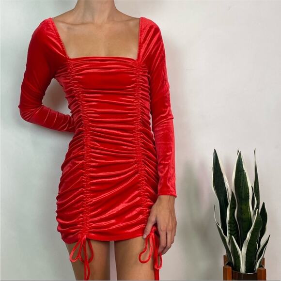 NEW TARGET Wild Fable Red Long Sleeve Ruched Tie Velvet Bodycon Mini Dress XL - Picture 1 of 14